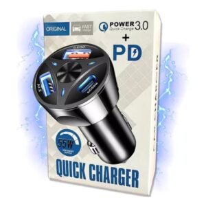 cargador auto 55w power 3.0 + pd usb y usb c carga rápida