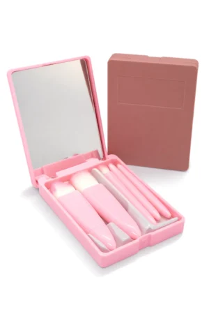 set de brochas maquillaje 5 piezas con espejo en cajita compacta